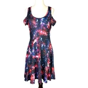 Hot Topic space dress cold shoulder fit and flare skater printed poly spandex S